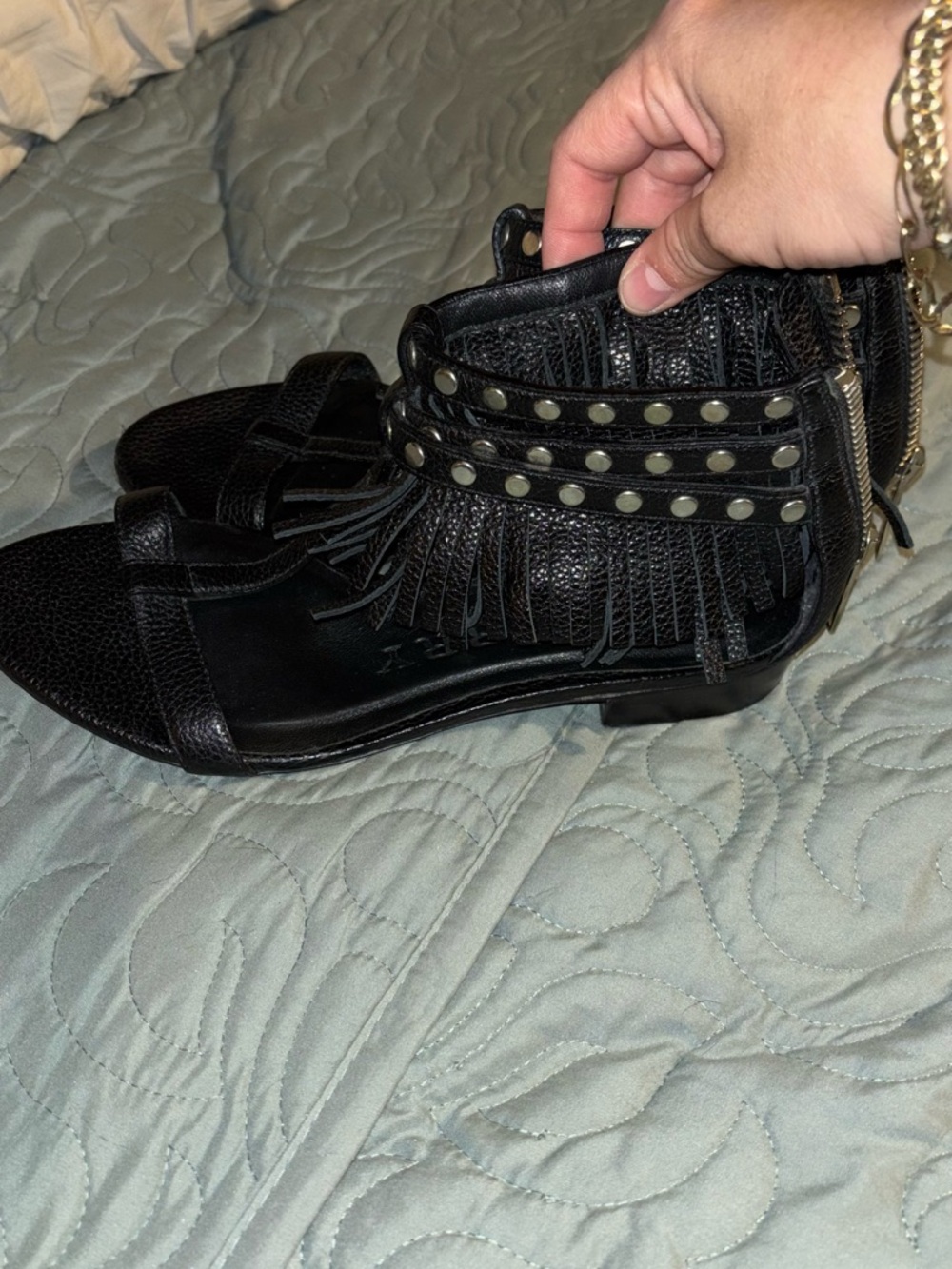 Burberry Black Studded Fringe Leather Sandals - Picture 3 of 8